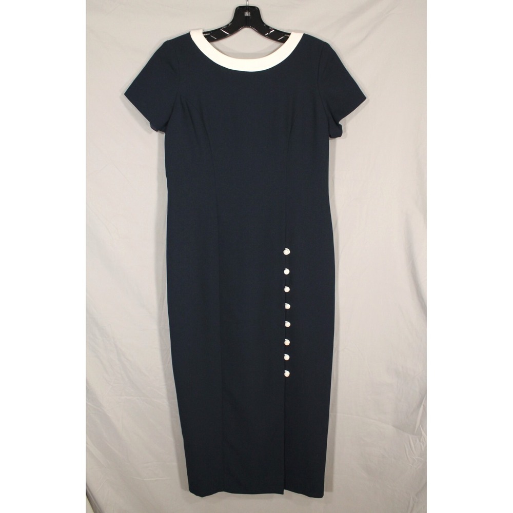 VTG LIZ CLAIBORNE PETITE Navy CREPE Button-Up CRISS CROSS BACK Sheath Dress 8P